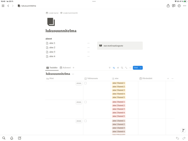 Product image of  lukusuunnitelma-template for Notion (Finnish)