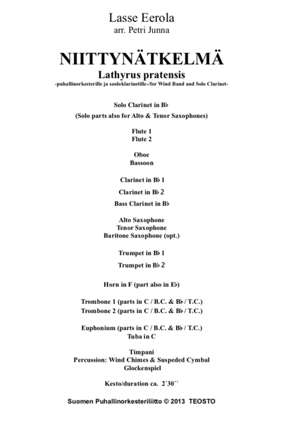 Product image of  Niittynätkelmä: Band & Solo Clarinet Lasse Eerola arr. P. Junna