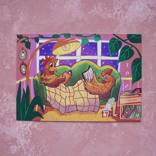 Product image of  Kanan ja kukon lukuhetki -postikortti