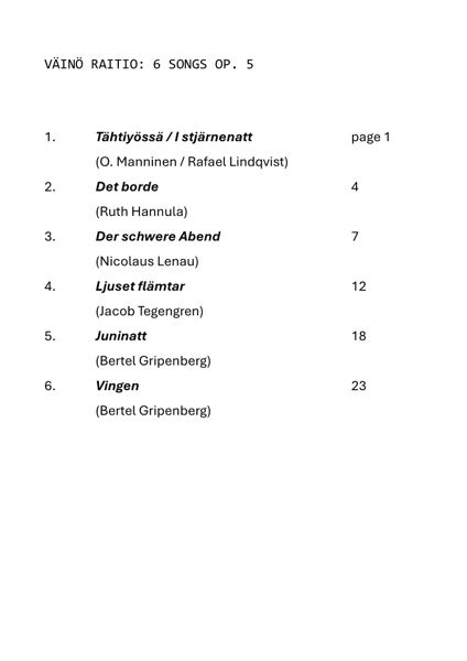 Product image of Väinö Raitio: 6 Songs op. 5 for voice and piano