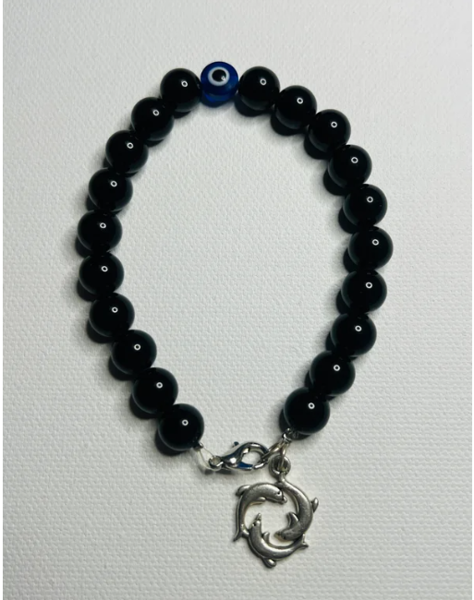 Product image of Black Obsidian with evil eye and white metal dolphin