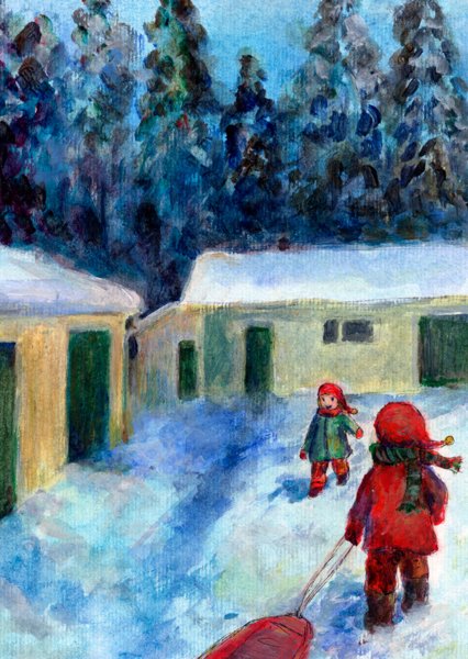 Product image of  Tontut pihalla -postikortti / Christmas Elves in the Yard